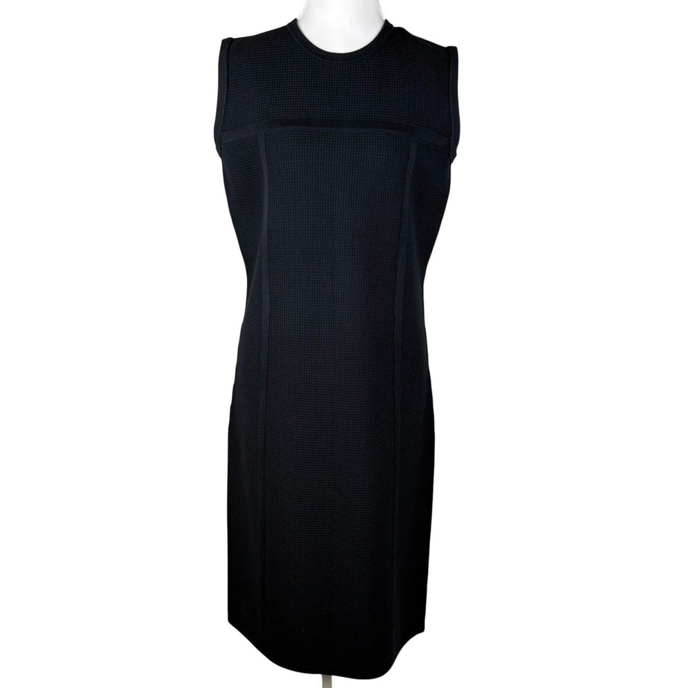 St John Pique Knit Knee Length Dress Womens L Navy Blue Sleeveless Luxury NWT - Picture 3 of 12